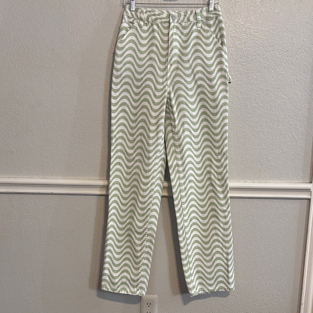 PacSun Wavy Patterned 90’s BF Carpenter Jeans in Green and White - Picture 1 of 4